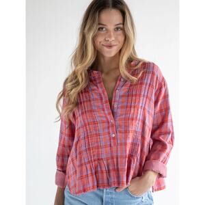 Natural Life Montana Pink Plaid Metallic Gold Thread Button Top Pintuck Small